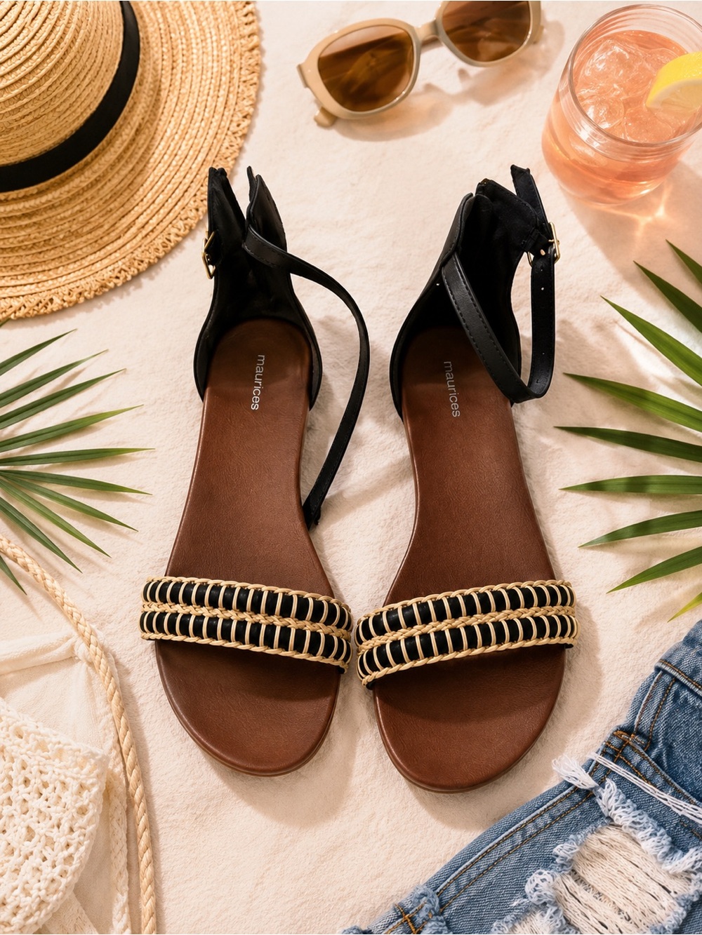 Maurices Black and Brown Woven-Strap Ankle Sandals with Cream Accents